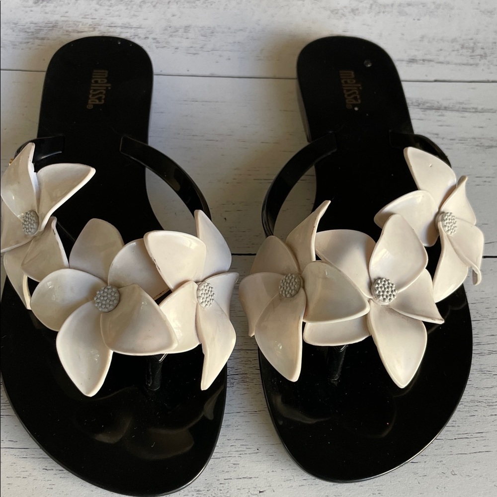 Melissa Black Sandals with Cream Floral Design size 7